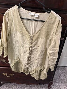Boho Embroidered V-Neck Button-Front Top in Light Olive